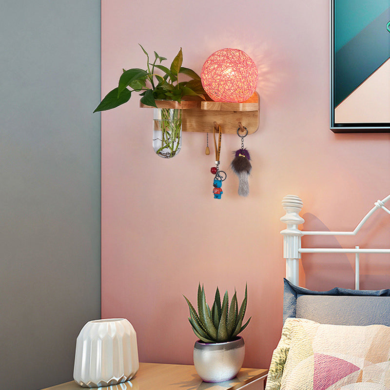 Lisslune | 1-Light Rattan Wall Lamp Nordic Ball Living Room Wall Lamp with Pull Chain and Plant Pot