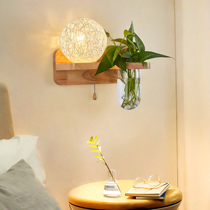 Lisslune | 1-Light Rattan Wall Lamp Nordic Ball Living Room Wall Lamp with Pull Chain and Plant Pot