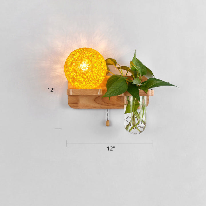 Lisslune | 1-Light Rattan Wall Lamp Nordic Ball Living Room Wall Lamp with Pull Chain and Plant Pot