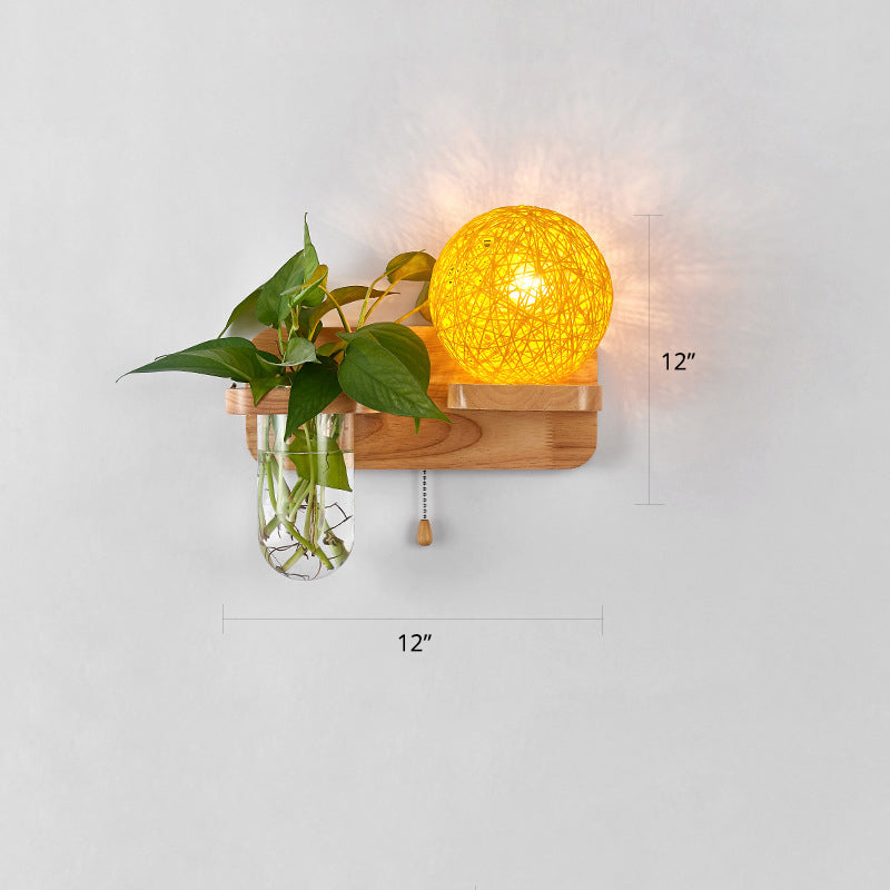 Lisslune | 1-Light Rattan Wall Lamp Nordic Ball Living Room Wall Lamp with Pull Chain and Plant Pot