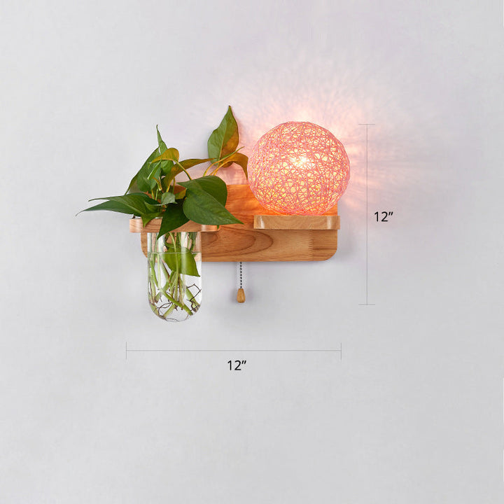 Lisslune | 1-Light Rattan Wall Lamp Nordic Ball Living Room Wall Lamp with Pull Chain and Plant Pot