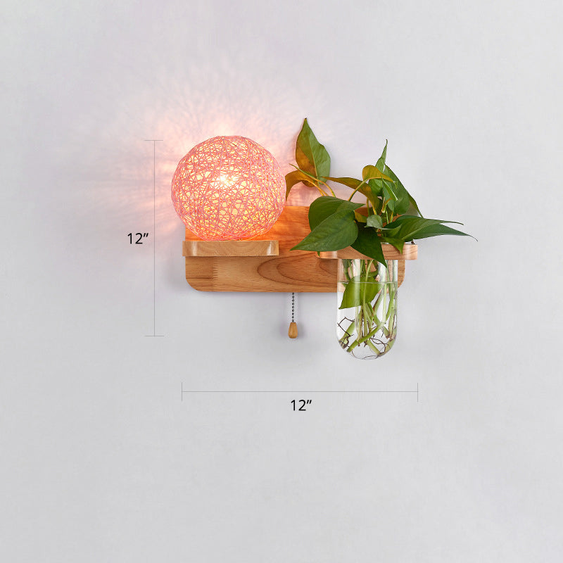 Lisslune | 1-Light Rattan Wall Lamp Nordic Ball Living Room Wall Lamp with Pull Chain and Plant Pot