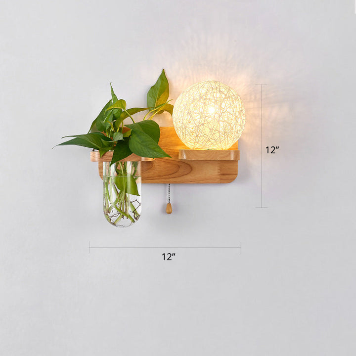 Lisslune | 1-Light Rattan Wall Lamp Nordic Ball Living Room Wall Lamp with Pull Chain and Plant Pot