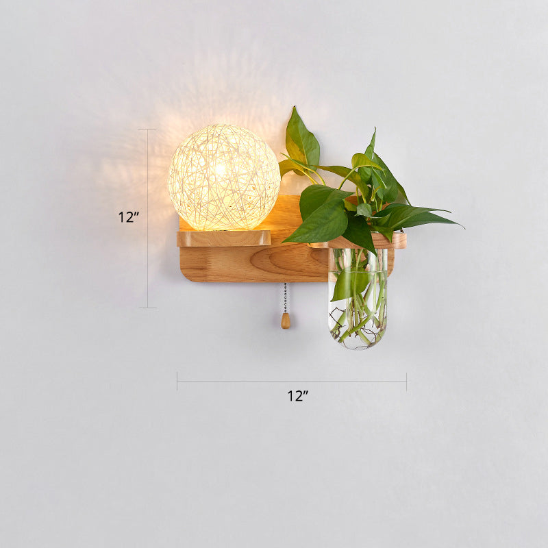 Lisslune | 1-Light Rattan Wall Lamp Nordic Ball Living Room Wall Lamp with Pull Chain and Plant Pot