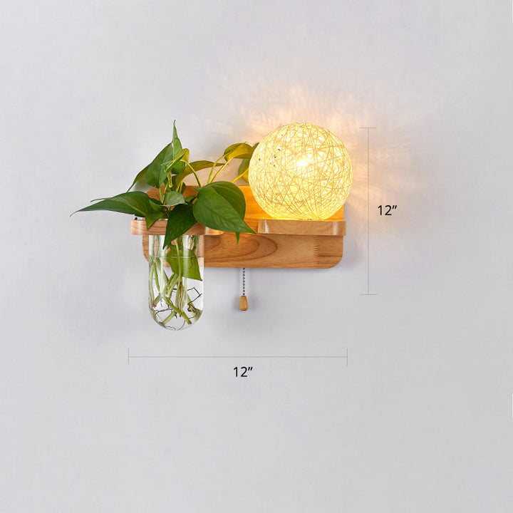 Lisslune | 1-Light Rattan Wall Lamp Nordic Ball Living Room Wall Lamp with Pull Chain and Plant Pot