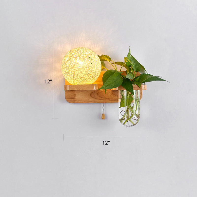 Lisslune | 1-Light Rattan Wall Lamp Nordic Ball Living Room Wall Lamp with Pull Chain and Plant Pot
