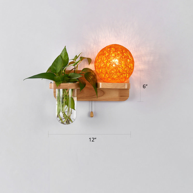 Lisslune | 1-Light Rattan Wall Lamp Nordic Ball Living Room Wall Lamp with Pull Chain and Plant Pot