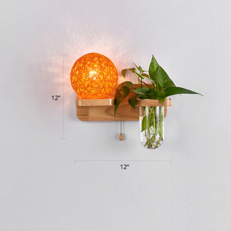 Lisslune | 1-Light Rattan Wall Lamp Nordic Ball Living Room Wall Lamp with Pull Chain and Plant Pot