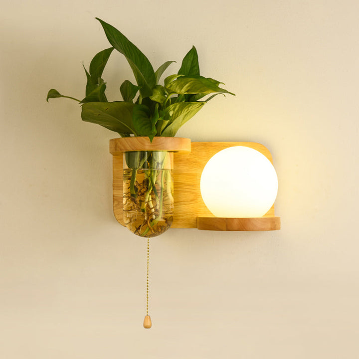 Lisslune | Milk Glass Ball Wall Lighting Nordic 1-Light Nightstand Pull Cord Wall Lamp with Wooden Shelf and Planter