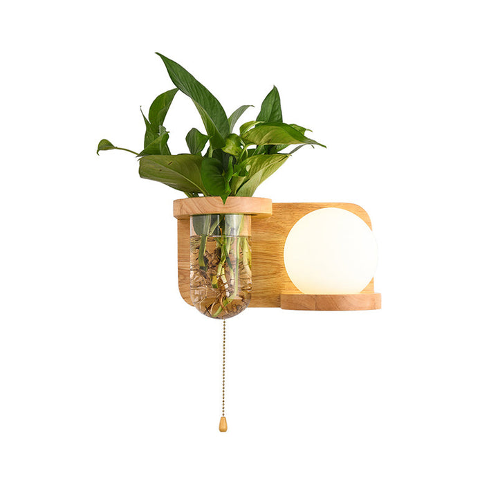 Lisslune | Milk Glass Ball Wall Lighting Nordic 1-Light Nightstand Pull Cord Wall Lamp with Wooden Shelf and Planter