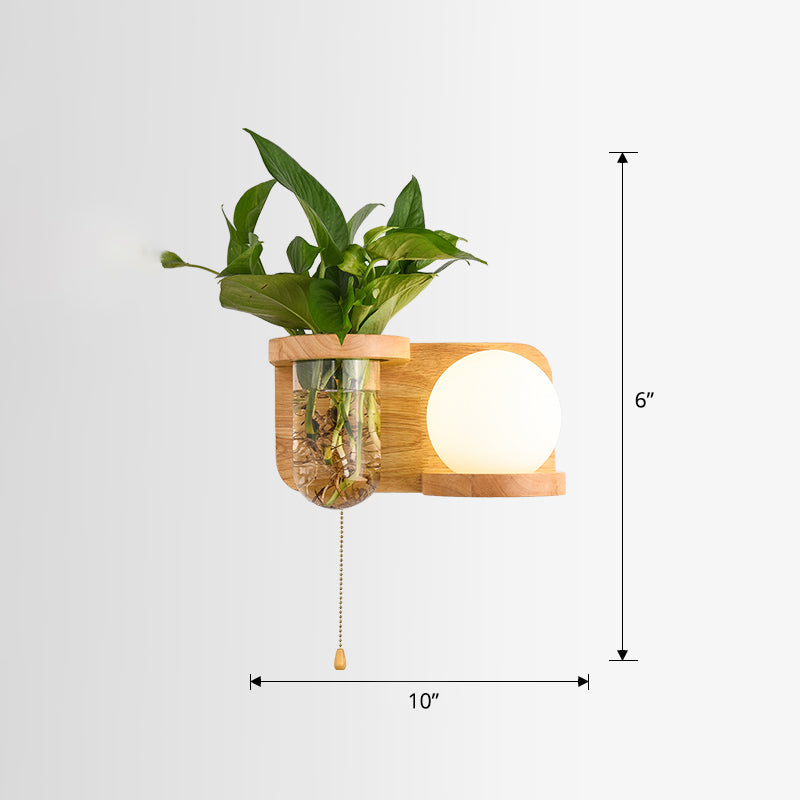 Lisslune | Milk Glass Ball Wall Lighting Nordic 1-Light Nightstand Pull Cord Wall Lamp with Wooden Shelf and Planter