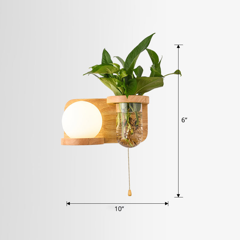 Lisslune | Milk Glass Ball Wall Lighting Nordic 1-Light Nightstand Pull Cord Wall Lamp with Wooden Shelf and Planter