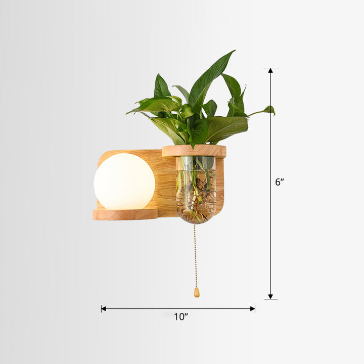 Lisslune | Milk Glass Ball Wall Lighting Nordic 1-Light Nightstand Pull Cord Wall Lamp with Wooden Shelf and Planter