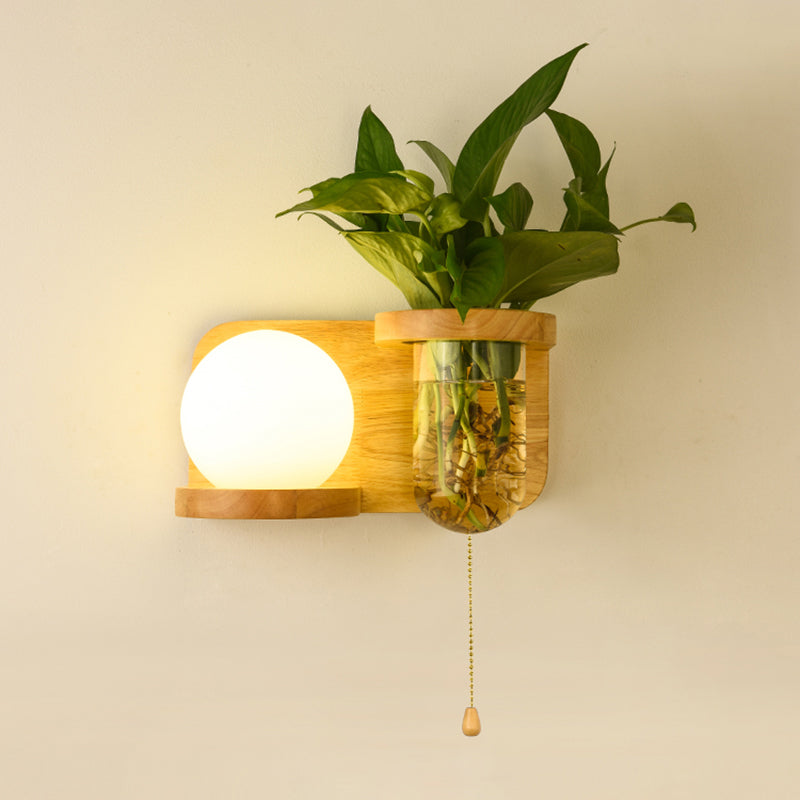 Lisslune | Milk Glass Ball Wall Lighting Nordic 1-Light Nightstand Pull Cord Wall Lamp with Wooden Shelf and Planter