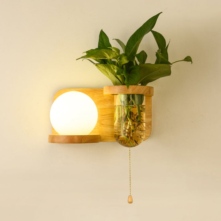 Lisslune | Milk Glass Ball Wall Lighting Nordic 1-Light Nightstand Pull Cord Wall Lamp with Wooden Shelf and Planter