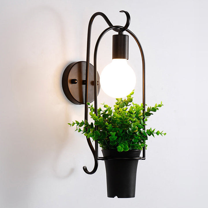Lisslune | Black-Green Synthetic Bonsai Wall Lamp Nordic Metal 1-Light Bedroom Wall Light Fixture