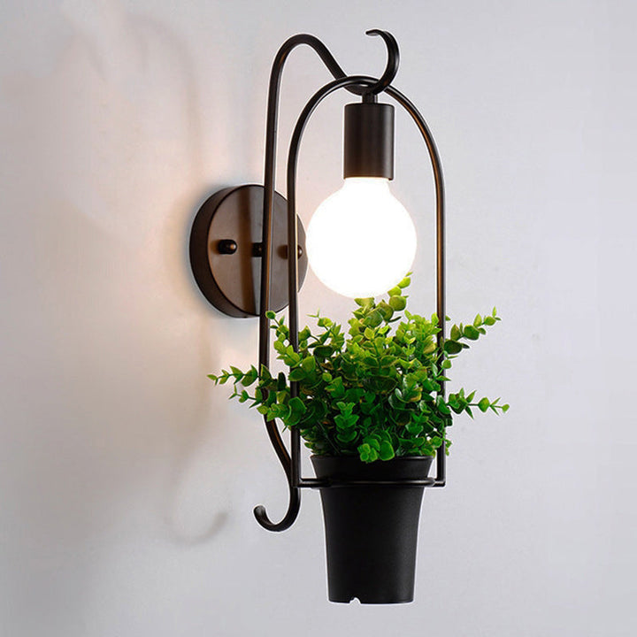 Lisslune | Black-Green Synthetic Bonsai Wall Lamp Nordic Metal 1-Light Bedroom Wall Light Fixture