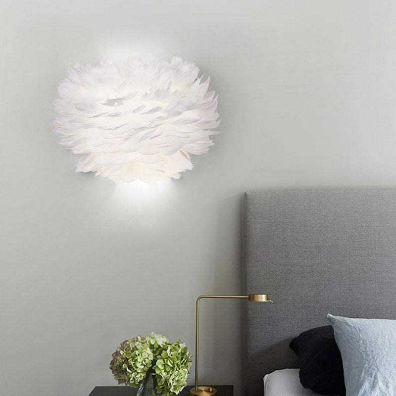 Lisslune | White Flowers Wall Mounted Light Minimalistic 1 Head Feather Wall Lamp for Bedroom
