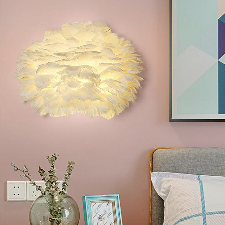 Lisslune | White Flowers Wall Mounted Light Minimalistic 1 Head Feather Wall Lamp for Bedroom