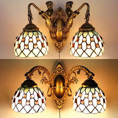 Lisslune | 2 Head Wall Light Tiffany Curved Arm/Mermaid Beige Glass Wall Mount Light with Pull Switch