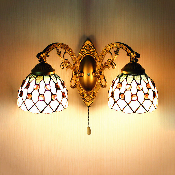 Lisslune | 2 Head Wall Light Tiffany Curved Arm/Mermaid Beige Glass Wall Mount Light with Pull Switch