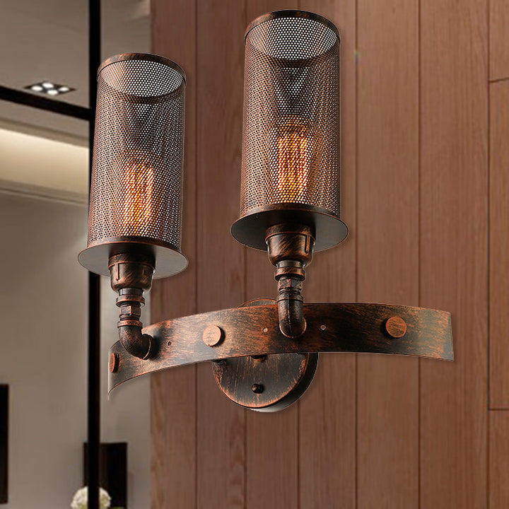 Lisslune | Antique style double cylinder wall lamp with mesh shade 2 lights wrought iron wall mount lamp in aged copper