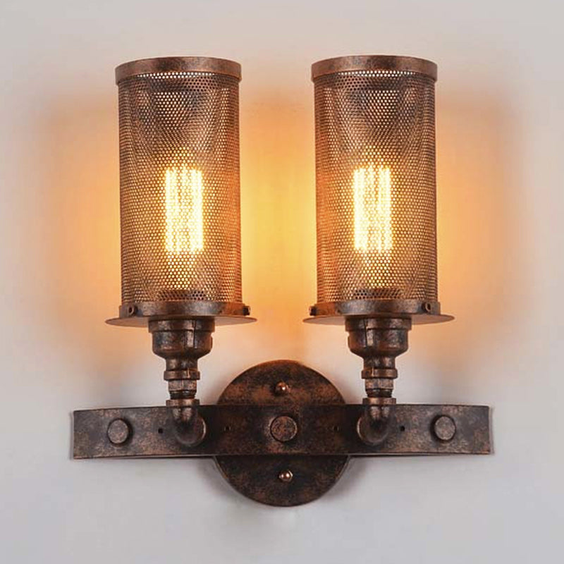 Lisslune | Antique style double cylinder wall lamp with mesh shade 2 lights wrought iron wall mount lamp in aged copper