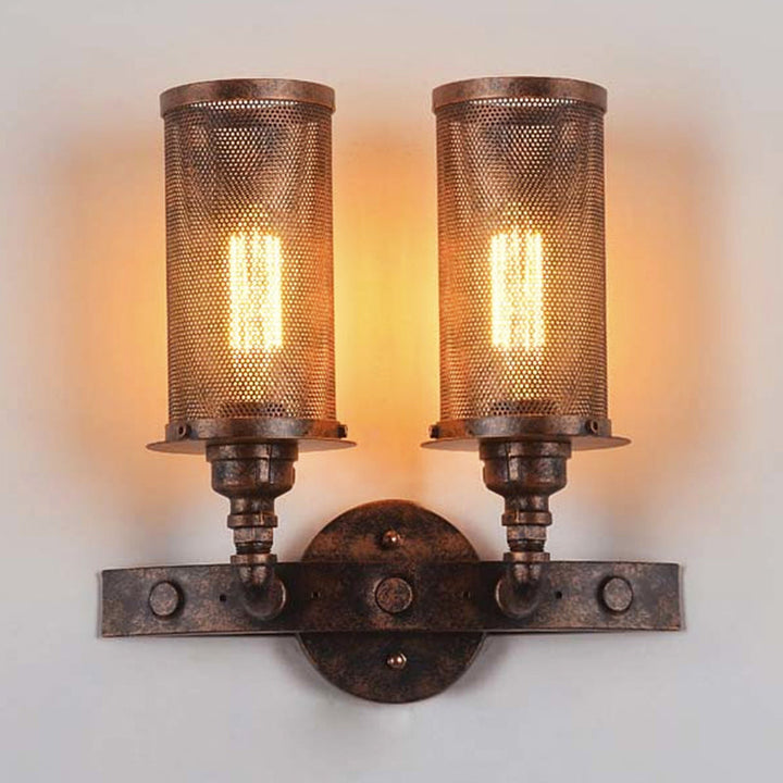 Lisslune | Antique style double cylinder wall lamp with mesh shade 2 lights wrought iron wall mount lamp in aged copper