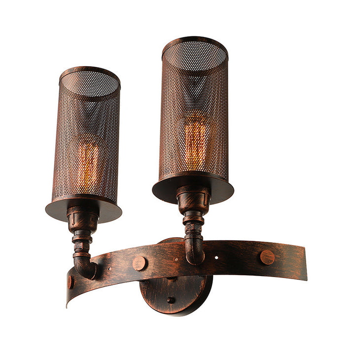 Lisslune | Antique style double cylinder wall lamp with mesh shade 2 lights wrought iron wall mount lamp in aged copper