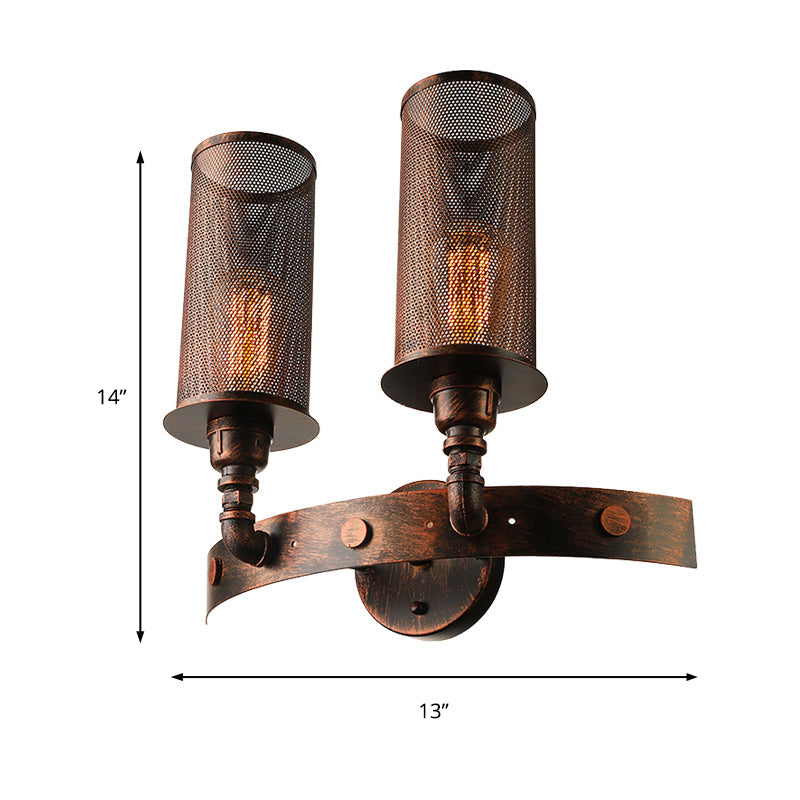 Lisslune | Antique style double cylinder wall lamp with mesh shade 2 lights wrought iron wall mount lamp in aged copper