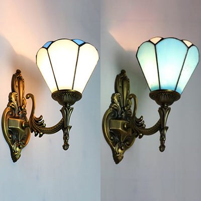 Lisslune | Vintage style cone lamp wall lighting stained glass 1 light living room wall lamp in white/blue