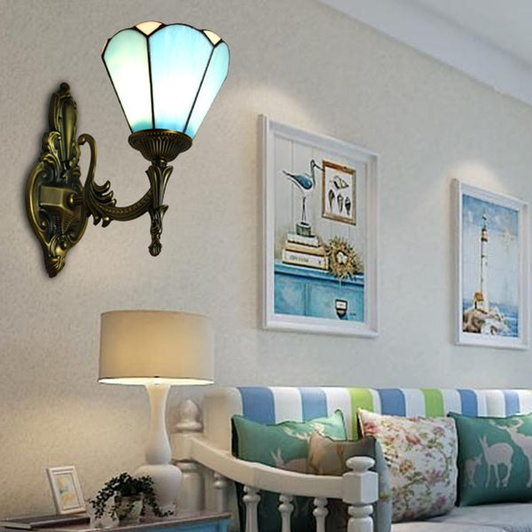 Lisslune | Vintage style cone lamp wall lighting stained glass 1 light living room wall lamp in white/blue