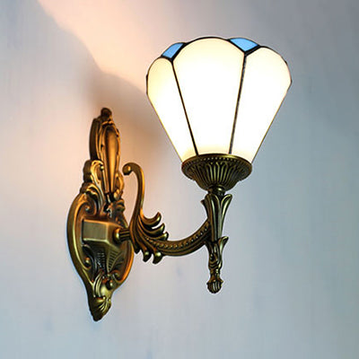 Lisslune | Vintage style cone lamp wall lighting stained glass 1 light living room wall lamp in white/blue