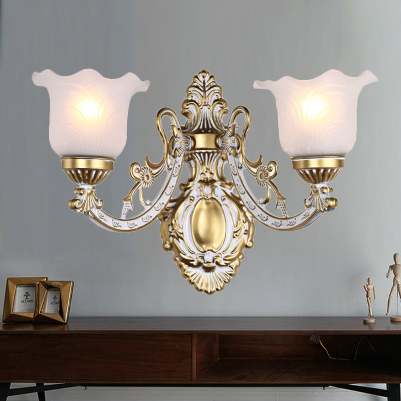Skørter | Brass/Gold Wavy Wall Lamp Retro White Glass Shade 1/2-Light Living Room Wall Lamp