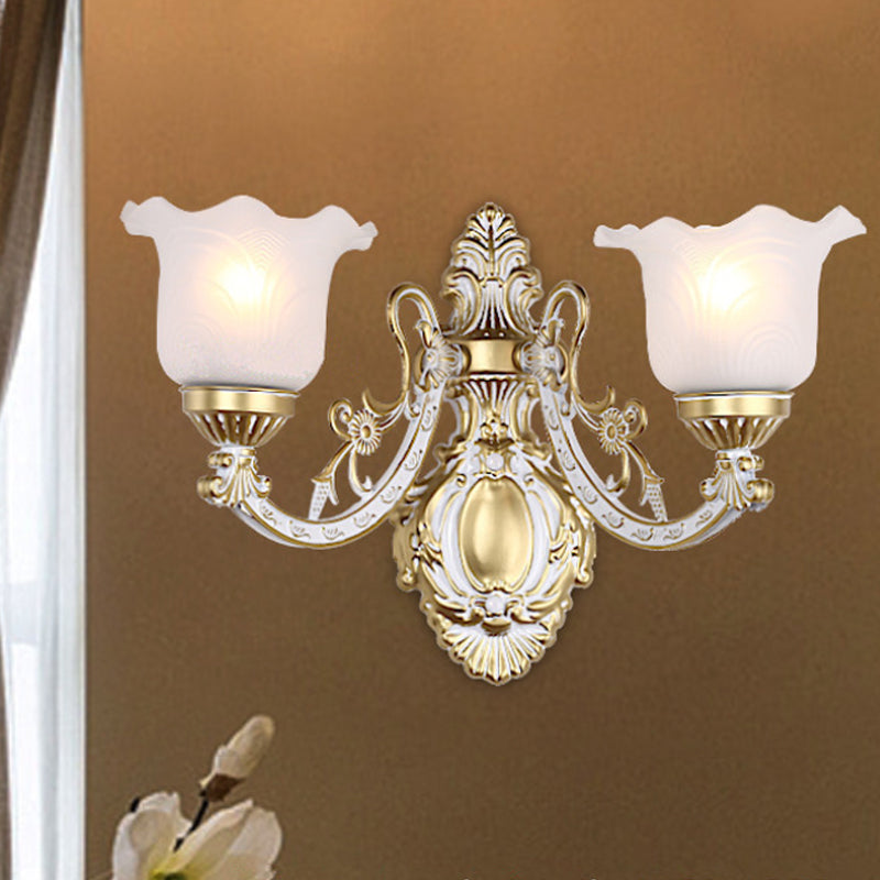 Skørter | Brass/Gold Wavy Wall Lamp Retro White Glass Shade 1/2-Light Living Room Wall Lamp