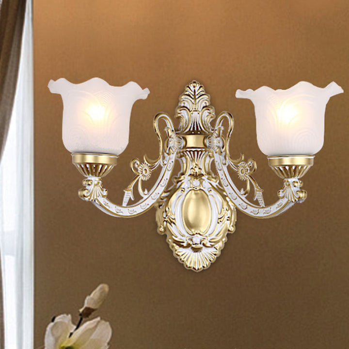 Skørter | Brass/Gold Wavy Wall Lamp Retro White Glass Shade 1/2-Light Living Room Wall Lamp