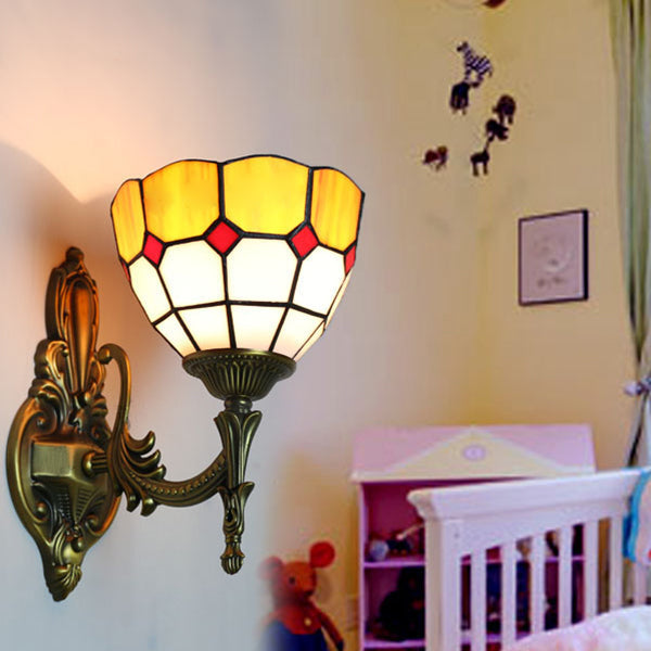 Lisslune | Wall Sconces Lamp Retro Tiffany Stained Glass 1 Light Wall Mount Light in Yellow/Blue for Hallway