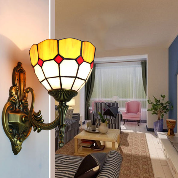 Lisslune | Wall Sconces Lamp Retro Tiffany Stained Glass 1 Light Wall Mount Light in Yellow/Blue for Hallway