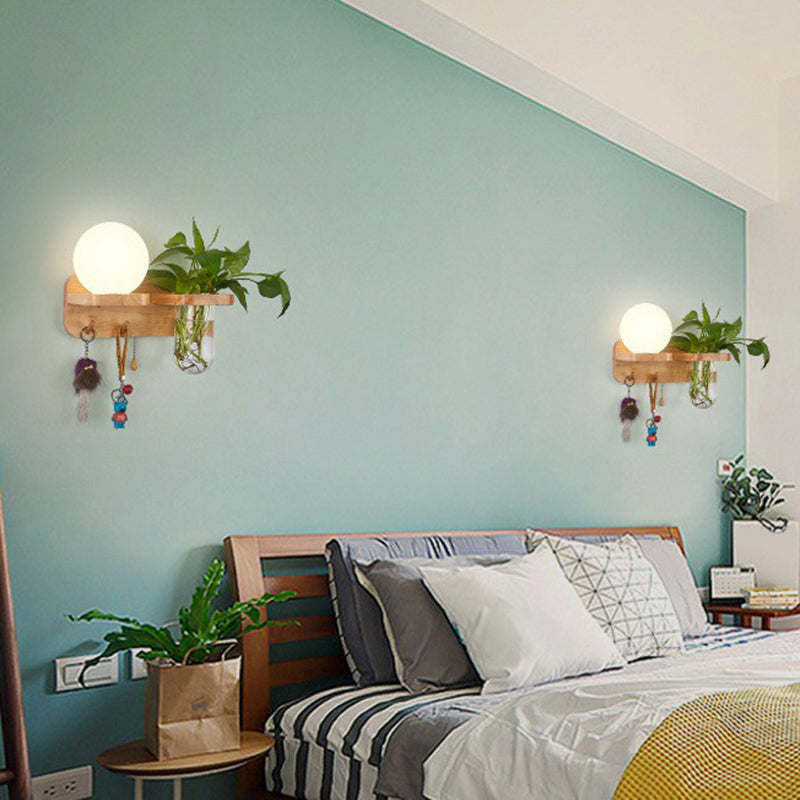 Skørter | Off-White Glass Geometric Wall Lamp Art Deco 1 Headboard Lamp Wall-Mounted Light with Plant Container and Wooden Shelf