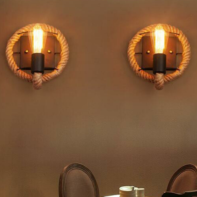 Lisslune | Metal Open Bulb Wall Lamp Country House 1 Main Corridor Wall Lamp with Rope Ring in Brown