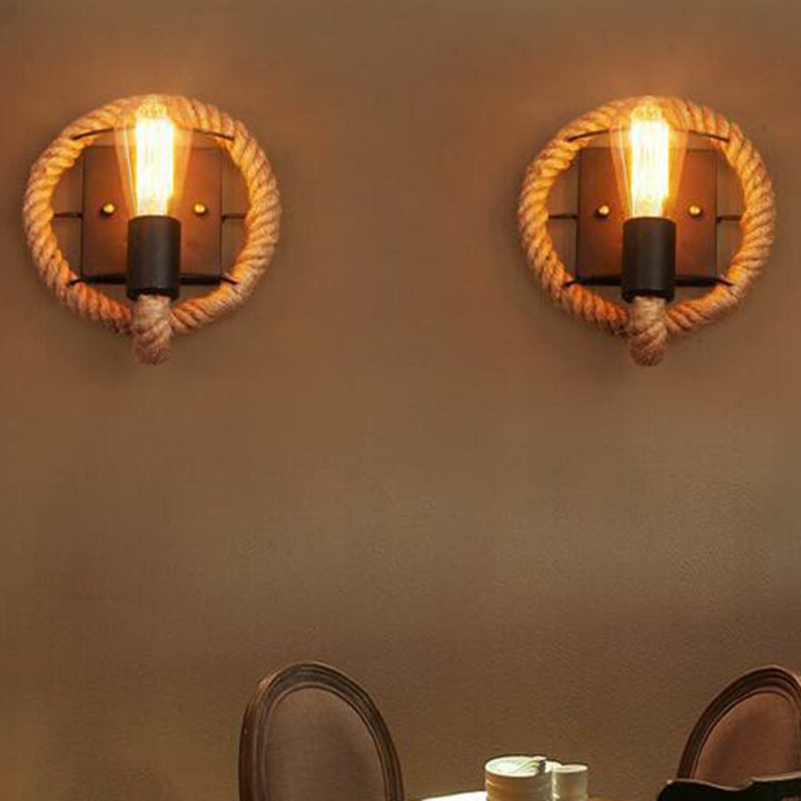 Lisslune | Metal Open Bulb Wall Lamp Country House 1 Main Corridor Wall Lamp with Rope Ring in Brown
