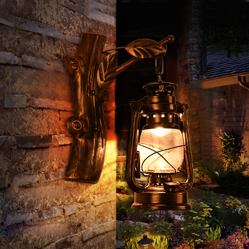 Lisslune | Rustic Oil Lantern Wall Lighting 1 Head Clear Glass Wall Lamp in Black for Corridor