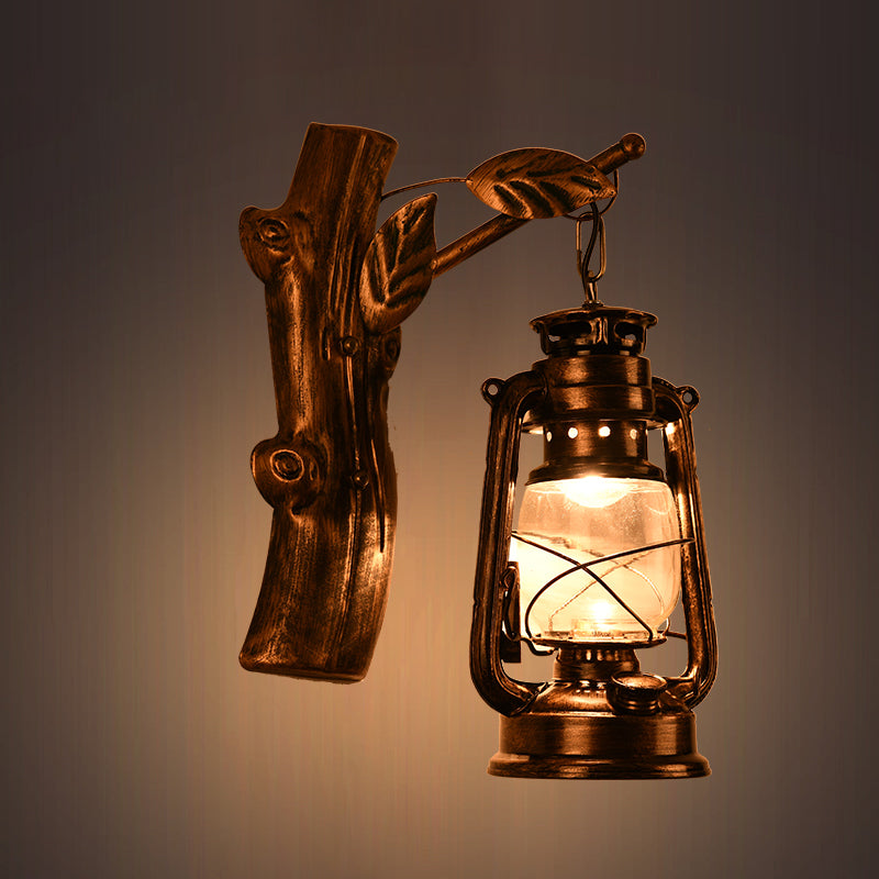 Lisslune | Rustic Oil Lantern Wall Lighting 1 Head Clear Glass Wall Lamp in Black for Corridor