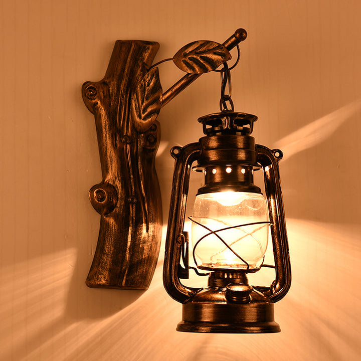 Lisslune | Rustic Oil Lantern Wall Lighting 1 Head Clear Glass Wall Lamp in Black for Corridor