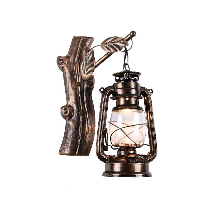 Lisslune | Rustic Oil Lantern Wall Lighting 1 Head Clear Glass Wall Lamp in Black for Corridor