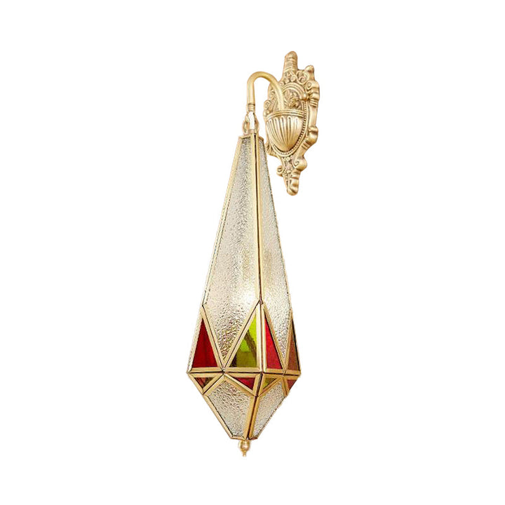 Skørter | Traditional conical wall lamp with textured glass 1-bulb wall light in brass with curved arm