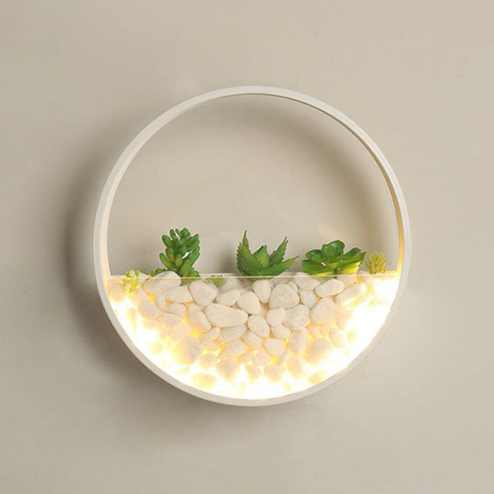 Skørter | Metal Halo LED Wall Lamp Art Deco Wall Mounted Light with Pebbles and Artificial Plant