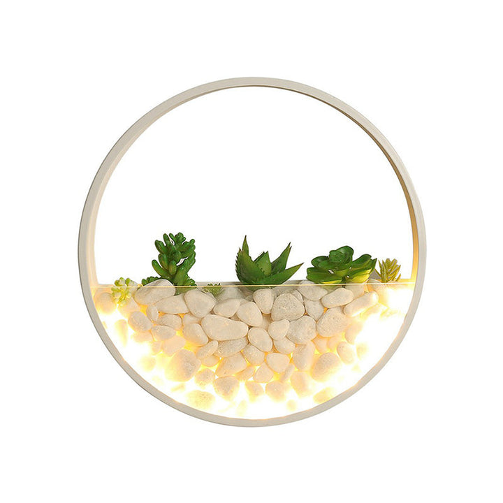 Skørter | Metal Halo LED Wall Lamp Art Deco Wall Mounted Light with Pebbles and Artificial Plant
