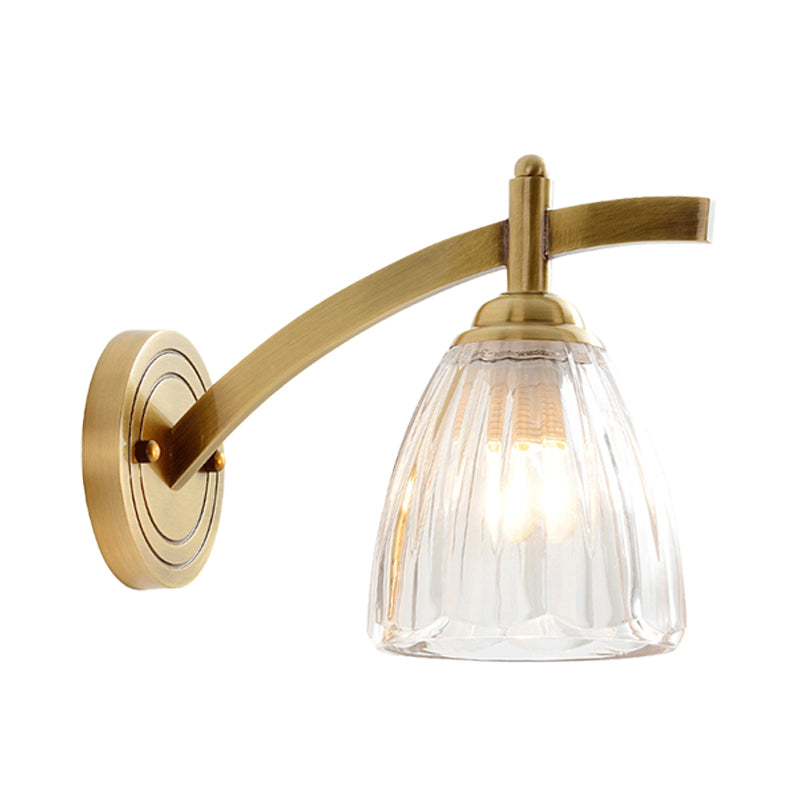 Skørter | 1 Bulb Cone Wall Light Traditional Metal Wall Lighting Fixture in Gold with Ribbed Glass Shade for Nightstand
