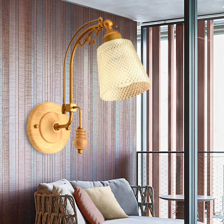 Skørter | 1 Bulb Cone Wall Lamp Tradition Prism Glass Wall Light Fixture in Brass with Curved Arm
